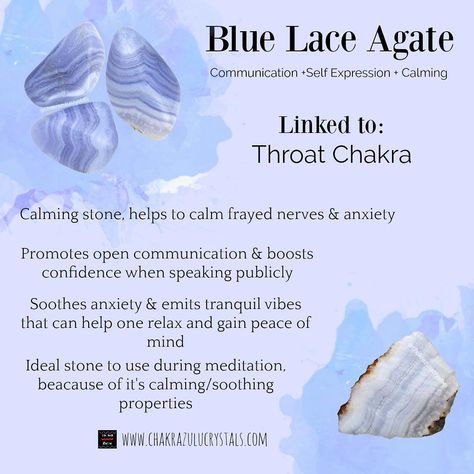 Crystal Bae💜 on Instagram: “Good Evening! Here's an info card for Blue Lace Agate! A very soothing and calming stone linked to the Throat chakra🦋. Happy reading🤓 . . .…” Blue Lace Agate Meaning, Psychic Crystals, Crystal Grimoire, Agate Meaning, Speak Your Truth, Witch Craft, Crystals Healing Properties, Spiritual Crystals, Witch Spell