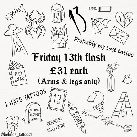 September has a Friday 13th! So a flash day is a must. 😁 I’m tattooing all day from 9am until 6pm. Please send me a DM to book in. £31 per design (arms & legs only) £10 deposit required to secure slot . . #friday13th #friday13thtattoo #tattooart #tattooflash #tattooflashday #friday13tattoo #funtattoo #funtattooday #tattooideas #inked #westbyfleet #woking #weybridge #newhaw #addlestone September Friday The 13th, Friday 13th Tattoo Flash, Fill Tattoo, Friday The 13th Tattoo Ideas, Friday 13 Tattoo Ideas, Friday 13th Tattoo, Friday The 13th Tattoo Flash, December Friday, Friday The 13th Flash