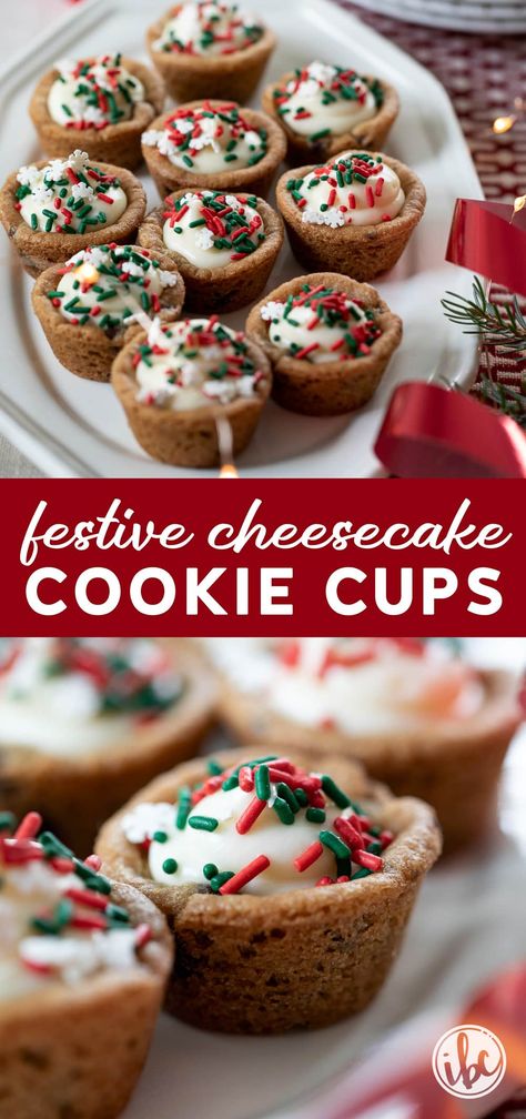 Celebrate the festive season with these Cheesecake Cookie Cups, adorned with red and green sprinkles for that holiday touch. An absolute crowd-pleaser, these bite-sized treats bring warmth and joy to every Christmas table. With their creamy filling and cookie base, they're the mini dessert gift that keeps on giving. They are the perfect sweet treat for any Christmas party or holiday celebration. Christmas Desserts Cheesecake, Bite Size Christmas Desserts, Cheesecake Cookie Cups, Christmas Desserts Party, Cheesecake Cookie, Cookie Cups Recipe, Christmas Cheesecake, Cookie Base, Dessert Gifts