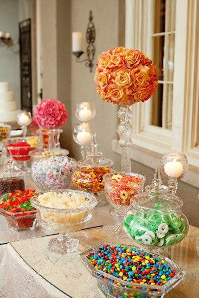 It's my dinning room table Wedding Candy Bar Ideas, Wedding Candy Table, Wedding Candy Bar, Bouquet Centerpiece, Sweets Bar, Candy Buffet Wedding, Flower Balls, Candy Ideas, Candy Buffet Tables