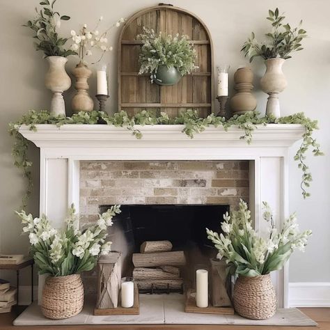 Farmhouse Decor Fireplace Mantles, Everyday Fireplace Decor, Non Functional Fireplace, Rustic Fireplace Decor, Fireplace Hearth Decor, Fire Mantel, Farmhouse Mantel Decor, Tuscan Living Rooms, Diy Fireplace Mantle