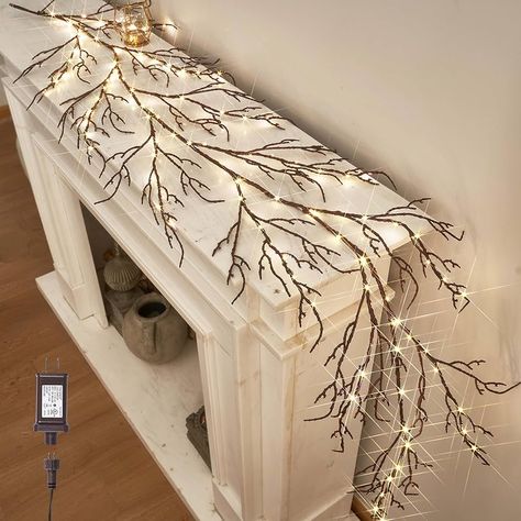 Amazon.com: LITBLOOM Lighted Brown Garland 6FT 120 LED Fairy Lights Plug in, Willow Vine Garland with Lights for Indoor Outdoor Home Fireplace Wall Easter Christmas Decoration : Home & Kitchen Garland On Mantle, Window Garland, Garland With Lights, Vine Garland, Fall Fireplace, Christmas Fireplace Decor, Christmas Mantle Decor, Christmas Mantel Decorations, Led Fairy Lights