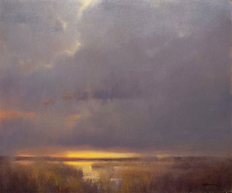 Marc Hanson, Dusk, oil, 20 x 24. Marc Hanson, Dusk Painting, Longmont Colorado, Neutral Art, Water Reflections, Sky Painting, Fantasy Paintings, Cloud Painting, Art Instructions