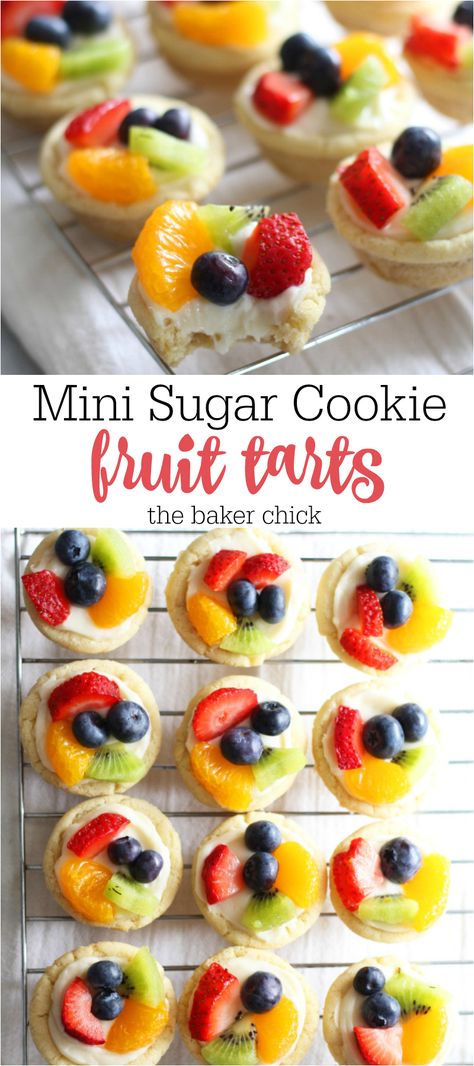 Sugar Cookie Fruit Tart, Fruit Pizza Bar, Fruit Pizza Sugar Cookie Recipe, Fruit Sugar Cookies, Mini Fruit Pizzas, Mini Fruit Tarts, Sugar Cookie Cups, Fruit Pizza Sugar Cookie, Fruit Tart Recipe