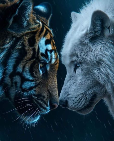 Wolf And Tiger, Tiger Art Drawing, Big Cats Photography, Tiger Artwork, Mythical Creatures Fantasy, Animal Spirit Guides, Wild Animals Pictures, Big Cats Art, Wolf Wallpaper