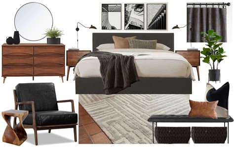 Modern Industrial Master Bed, Bedding For Black Bed Frame, Charcoal And White Bedroom, Industrial Theme Bedroom, Malm Bedroom Ideas Black, Bachelor Decor Ideas, Black White Tan Bedroom, Black White Brown Bedroom, Black And Natural Wood Bedroom