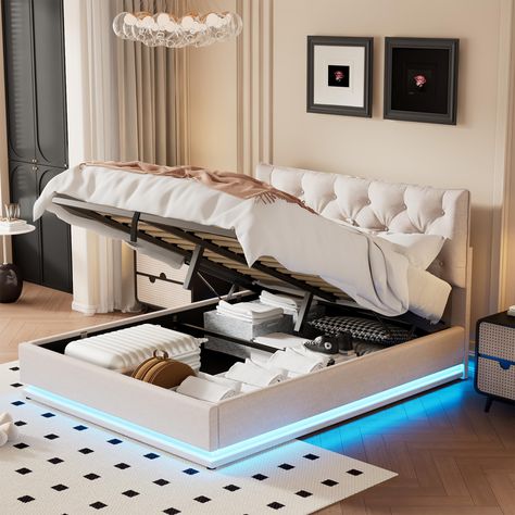 PRICES MAY VARY. [Hydraulic Storage System]The hydraulic storage system underneath the mattress is perfect for you to store quilts, bed sheets and other necessities. Functional and aesthetic, this platform bed will enhance any bedroom. [Modern LED Light Design]Platform bed frame is equipped with latest RGB light bars.It includes 16 colors of LED lights and 4 lighting patterns. Colorful lights make your life colorful, you can change lights by remote control at ease. [Leisure and Slouchy Style]Thi Bed With Hydraulic Storage, Full Size Upholstered Bed, Queen Size Storage Bed, Led Beds, Bed With Led Lights, Led Bed Frame, Bed Platform, Queen Size Platform Bed, Full Platform Bed