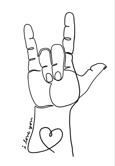 one line tattoo i love you sign language asl heart drawing Sign Language For Love, Love You In Sign Language, Sign I Love You Tattoo, I Love You Asl Tattoo With Flowers, Sign Language Crafts, Asl Art Ideas, I Love You In Sign Language, I Love You Asl Tattoo Fine Line, Sign Language Drawing