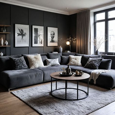 40 Black Couch Living Room Ideas for Modern Interiors Black Sofa Living Room Decor Ideas Cozy, Living Room Designs With Black Sofa, Living Room With Black Couch, Black Aesthetic Home, Black Couch Living Room Ideas, Cosy Living Room Decor, Dark Loft, Black Couch Living Room Decor, Black Sofa Living Room Decor