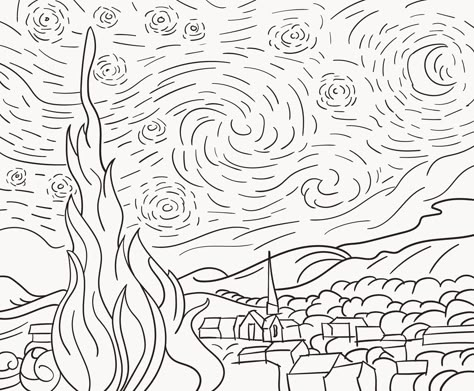 Download Vincent van Gogh's famous painting, The Starry Night, for. #Stary_Night_Drawing_Pencil #Starry_Night_Drawing_Easy #How_To_Draw_Starry_Night #Starry_Night_Outline Starry Night Drawing Ideas, How To Draw Starry Night, Starry Night Outline, Printable Drawings To Paint, Starry Night Coloring Page, Starry Night Drawing, Van Gogh Drawings, Night Drawing, Starry Night Art