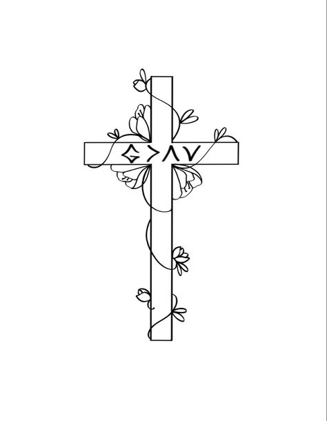 Cross And Date Tattoo, Cross With God Is Greater Tattoo, Cross Outline Tattoos For Women, Cute God Tattoos, Tattoo Ideas Cross Flowers, Cross Doodles Simple, Small Bible Tattoos For Women, Flower Cross Drawing, Cross Drawing Sketches Simple