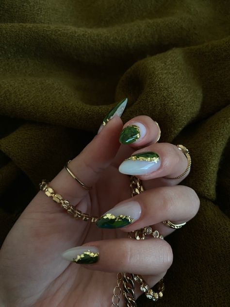 Boho Nails Green, White And Green Nails With Designs, Gold Leaf Nails Green, Dark Green And White Nails Acrylic, Green And Gold Coffin Acrylic Nails, Green Gold Almond Nails, White Gold Green Nails, Emerald Green Acrylic Nails Almond, Good And Green Nails