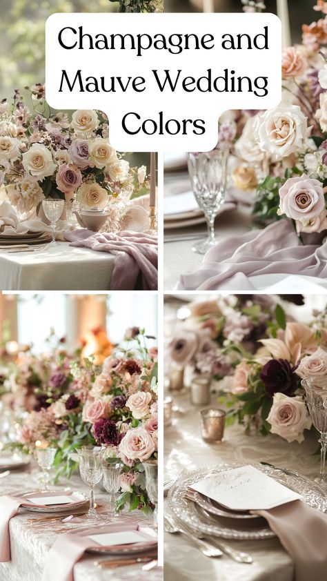 A beautifully decorated wedding table featuring champagne and mauve colors, showcasing elegant floral arrangements, soft linens, and sophisticated tableware, creating a romantic atmosphere. Navy And Mauve Wedding Colors, Mauve And Gold Wedding Theme, Muave Aesthetic Wedding, Dark Mauve Wedding, Mauve And Gold Wedding, Mauve Wedding Theme, Mauve Wedding Flowers, Mauve Wedding Colors, 2026 Wedding