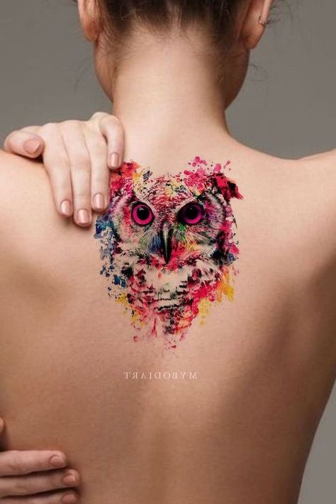 owl-watercolour-back-small-flower-tattoos-pink-eyes-colourful Back Tattoos Ideas, Watercolor Owl Tattoos, Tattoos Ideas For Women, Cool Watercolor, Bird Tattoos For Women, Bird Tattoo Wrist, Owl Watercolor, Owl Tattoo Design, Tatuaje A Color