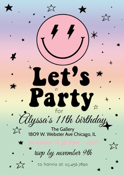 Preppy Birthday Invitations Template, 11 Birthday Invitations, Preppy Invitation Card, Smiley Face Invitations, Smiley Face Birthday Invitations, Free Smiley Faces, Preppy Smiley Face, Bounce House Birthday Party, Teen Birthday Invitations