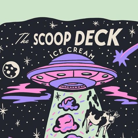 Space Food Illustration, Neon Sign Illustration, Galactic Branding, Retro Galaxy, Space Ice Cream, Galactic Art, Alien Branding, Space Packaging, Aliens Illustration