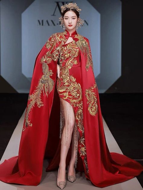 Qipao for Weddings Chinese Inspired Fashion, Qipao Gown, Jinafire Long, Culture Outfits, Phoenix Embroidery, Carpet Wedding, Qipao Pattern, Wedding Qipao, Red Qipao