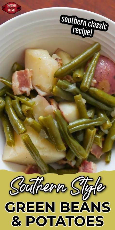 Get ready to cozy up with some true Southern comfort with this Green Bean and Potatoes with Bacon recipe from Southern Food Junkie! It's easy to make, hearty, and bursting with flavor that'll keep you coming back for more. Whether you're whipping it up for a family dinner or sharing it at a potluck, this Southern side dish is guaranteed to steal the show. So put on your apron and get ready to cook up some delicious down-home goodness! Green Bean And Potatoes, Southern Green Beans And Potatoes, Beans And Potatoes Recipe, Southern Style Green Beans, Smothered Green Beans, Southern Green Beans, Potatoes With Bacon, Beans And Potatoes, Southern Greens