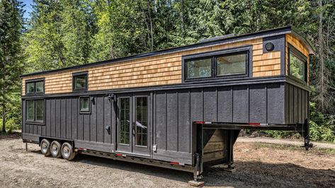 42ft Custom Summit Tiny House Puts Living Room in Gooseneck Moody Exterior, Pre Manufactured Homes, Tiny House Trailer Plans, Diy Tiny House Plans, Gooseneck Tiny House, Diy Tiny House, Tiny House Trailer, Board And Batten Siding, Wood Shingles