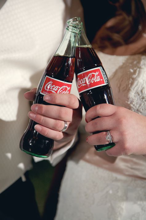 We toasted with old fashioned coke bottles. Vintage Coke Photoshoot, Coke Photoshoot, Glass Bottle Coke, Old Coke Bottles, Coca Cola Wedding, Glass Coke Bottles, Coke Drink, Cocoa Cola, Collage Project