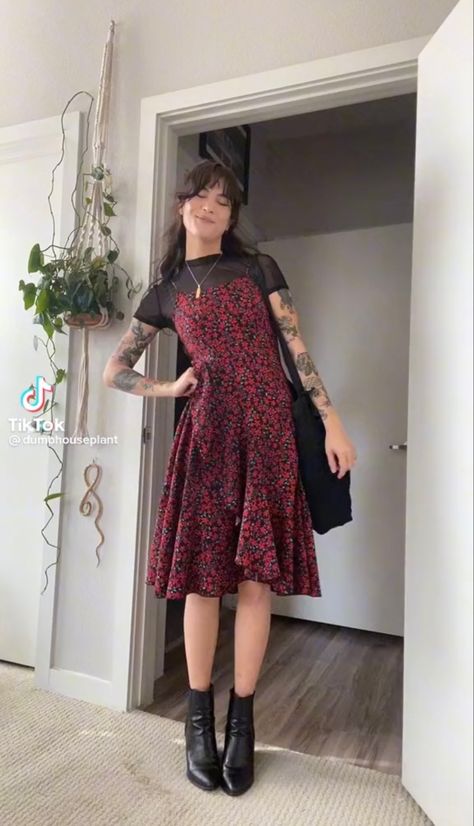 Midi Dress Tights Outfit, Goth Chic Outfits Plus Size, Dress With Tshirt Under Outfits, Indie Bar Outfit, Alternative Semi Formal Dress, Alternative Fashion Professional, Flare High Rise Jeans Outfit, Size 8 Hourglass Outfits, Strappy Dress With Tshirt