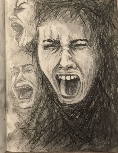 Screaming Sketch Faces, Scared Drawing Expression, Screaming Painting Faces, Woman Screaming Painting, Drawing Screaming Faces, People Scared Drawing, Screaming Face Sketch, Scared Screaming Face Drawing Reference, Screaming Mouth Drawing Reference