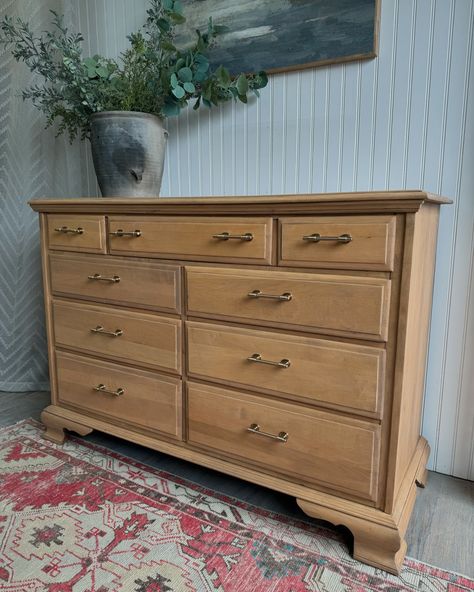 This is why I love paint washing. It is such an easy way to be able to keep the tone and character of the original wood without needing to stain. This solid maple dresser was simply needing a little transformation to bring her up to date and paint washing in my favorite color did just that! Swipe to see the before ➡️ and comment LINK to get the details! #paintwashing #furnitureflip #furnitureflippersofinstagram #beforeandafter #furnituremakeover #customfurniture #stripped Wood Stained Dresser, Maple Dresser, Stained Dresser, Flipping Furniture, My Favorite Color, Love Painting, Furniture Makeover, Custom Furniture, Staining Wood