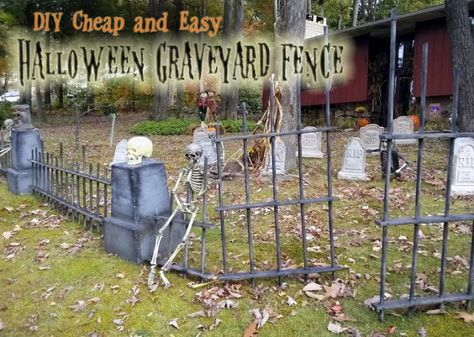 How to Make a Halloween Graveyard • Ideas and tutorials, including this Halloween graveyard fence by 'Saving by Design'! Spooky Fence, Diy Halloween Graveyard, Halloween Fence, Cemetary Decorations, Halloween Diy Outdoor, Halloween Outside, Halloween Graveyard, Halloween Tombstones, Halloween Decorations Diy Outdoor