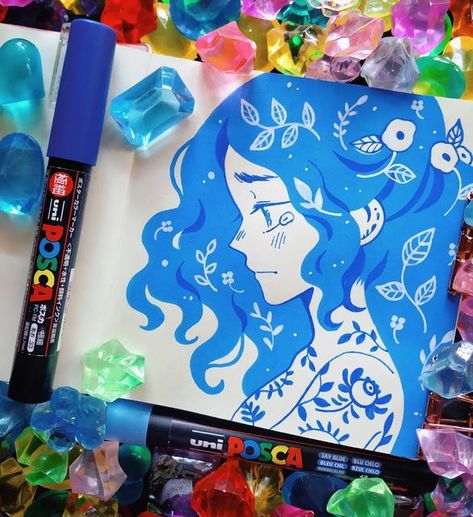 Aizawa on Instagram: "I got sick and didn’t have the strength to draw at all, but I have some kind of addiction to Instagram, so I’m ready to draw and photograph new drawings with a fever 🦀 #sketchbook #poscamarkers #posca #sketchbookdrawing #acrylicmarkers #poscapens #ポスカ" Posca Pen Drawing Ideas, Things To Draw With Posca Pens, Posca Pens Art Ideas Easy, Posca Art Ideas, Posca Marker Art, Posca Ideas, Posca Pen Art, Posca Drawing Ideas, Posca Illustration