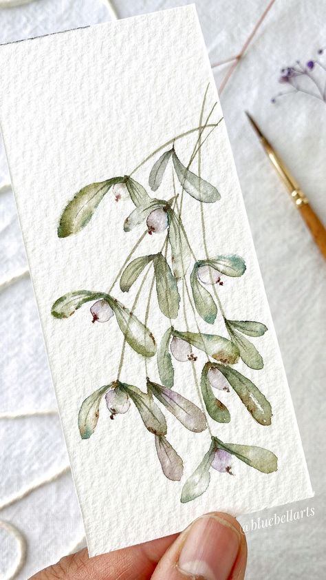 How To Paint Mistletoe, Mistletoe Drawing Easy, Mistletoe Art, Painted Christmas Cards, Easy To Paint, Learn Watercolor Painting, Art Tutorials Watercolor, Learn Watercolor, Winter Watercolor