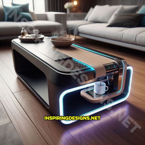 There Are Now Coffee Tables With Built-in Coffee Makers Futuristic Table Design, Futuristic Table, Modern Leather Sectional Sofas, Futuristic Interior Design, Modern Leather Sectional, Built In Coffee Maker, Coffee Lounge, Office Desk Designs, Coffee Table Design Modern