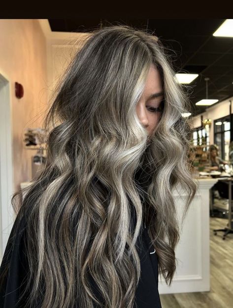 Ashy Brown With Blonde Money Piece, Edgy Mom Hair, Mushroom Ash Brown Balayage On Dark Hair, Ashy Bronde Balayage Dark Roots, Brunette Ash Balayage, Bronde Haircolor Brunettes Ash, Cool Brunette Balayage, Silver Brunette, Western Hair Color