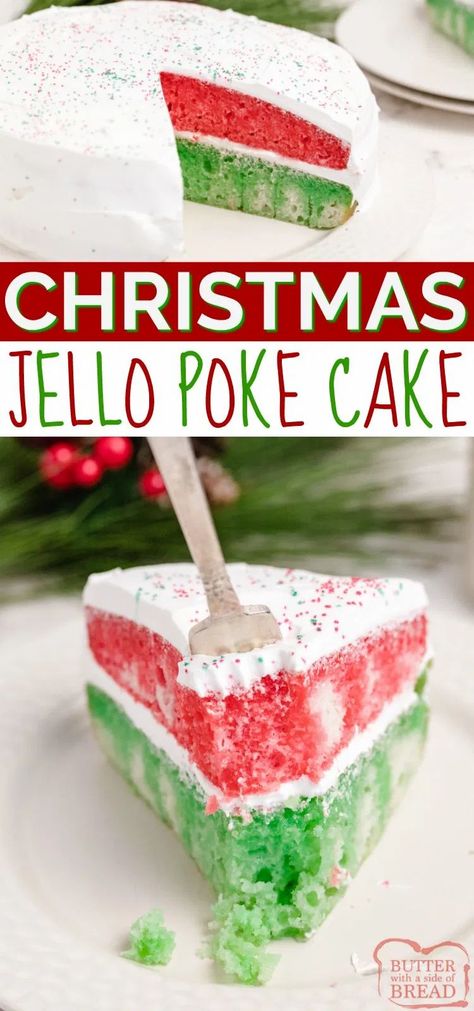 Christmas Jello Poke Cake uses a cake mix and red and green Jello to make a simple and delicious holiday dessert! This Christmas cake recipe is easy to make and absolutely beautiful to serve! Christmas Poke Cake, Jello Poke Cake Recipe, Jello Cake Recipes, Jello Poke Cake, Poke Cake Jello, Christmas Jello, Easy Christmas Cake Recipe, Delicious Holiday Desserts, Poke Cake Recipe