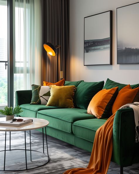 Pillows For Green Sofa, Green Sofa Ideas, Green And Yellow Living Room, Green Sofa Inspiration, Green Couch Decor, Green Sofa Decor, Modern Green Living Room, Green Corner Sofas, Green Sofas