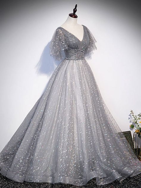 Evening Dresses 2022, Cheap Evening Dresses, Evening Dresses Under 100 – shopluu Gray Evening Gown, Gray Formal Dress, Grey Evening Dresses, Long Formal Gowns, A Line Evening Dress, Tulle Evening Dress, Long Prom Gowns, Evening Dresses With Sleeves, Sequin Evening Dresses