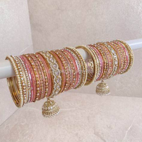 Aafiya Bridal Bangle Set - Pink/Clear - SOKORA JEWELSAafiya Bridal Bangle Set - Pink/ClearBANGLES Indian Bridal Bangles Gold, Bangles Set Designs, Bridal Bangle Set Indian, Bridal Bangles Wedding, Bridal Bangle Set, Jewel Accessories, Antique Gold Bangles, Cristal Champagne, Bridal Survival Kit