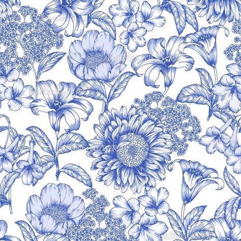 Floral Toile Pattern, Toile De Jouy Pattern Prints, Gucci Floral Wallpaper, Blue Flowers Pattern, Toile Tattoo, Design Pattern Ideas, Calm Garden, Blue Floral Background, White And Blue Background