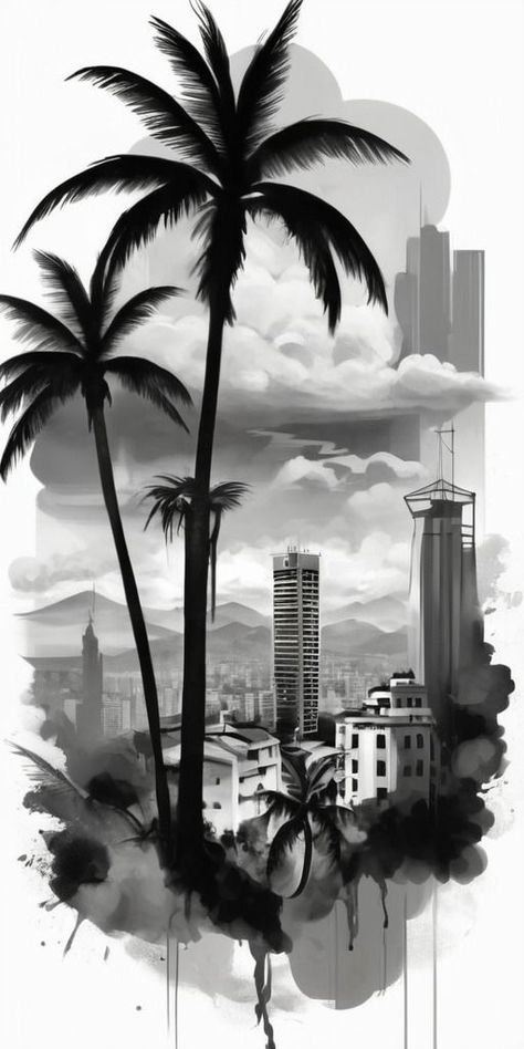 City Background Tattoo Design, La Palm Tree Tattoo, Palm Tattoo Design, Palm Trees Tattoo Design, City Tattoo Design, Shadow Tattoo Design, City Tattoo Ideas, Chicano Tattoo Design, Cholo Tattoo