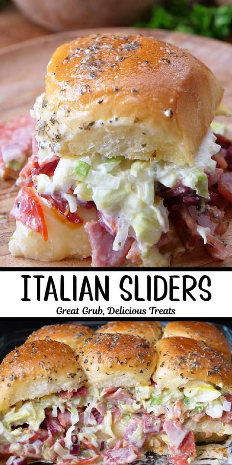 Italian Sliders are a delicious and flavorful slider recipe made with chopped salami, ham, pepperoni and provolone cheese, an Italian dressing-infused lettuce mixture, and brushed with a seasoned butter mixture. Italian Sub Sliders Recipes, Italian Ham Sliders On Hawaiian Rolls, Ham Pepperoni Salami Sandwich, Italian Sausage Sandwiches Recipes, Italian Ham Sandwich, Hot Italian Sun Sliders, Essen, Pepperoni And Salami Sliders, Sandwich Sliders Kings Hawaiian Italian