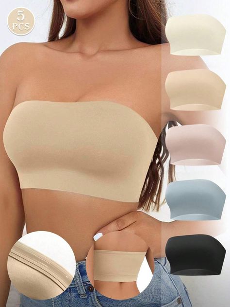 5pcs/Set Women's Strapless Tube Bralette, Seamless Bra With Ice Silk Material For Anti-Slip And Anti-Exposure | SHEIN USA Low Cut Outfit, Tube Top Bra, Bra Image, Bra For Women, Top Bra, Padded Bralette, Bandeau Bra, Seamless Bra, Bralette Tops