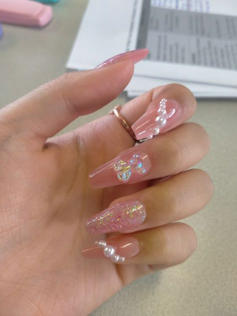 Pink Nails Ideas With Diamonds, Gummy Bears Nails Design, Jelly Nails With Pearls, Teddy Bear Charm Nails, 3d Bear Nails, Gummy Bear Nails Acrylic, Jelly Pink Acrylic Nails, Pink Gummy Bear Nails, Simple Douyin Nails