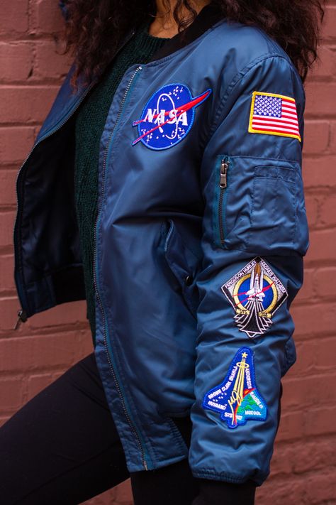 Nasa Jacket Outfit, Nasa Outfit, Space Jacket, Nasa Jacket, Space Patch, Jean Jacket Patches, Women’s Soccer, Fashion Goals, Aviator Jackets