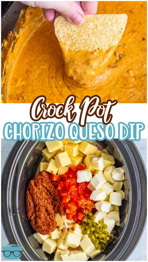 This Crock Pot Chorizo Queso Dip is always a hit at  parties and get togethers! So flavorful with pickled jalapeños, chorizo, Rotel, and of course, cheese! Queso With Half And Half, Slow Cooker Chorizo Queso, Chorizo Dip Crockpot, Crockpot Chorizo Queso Dip, Chorizo Queso Dip Crockpot, Chorizo Dip Recipes, Queso Dip Chorizo, Warm Dips Crockpot, Crockpot Dips For Parties