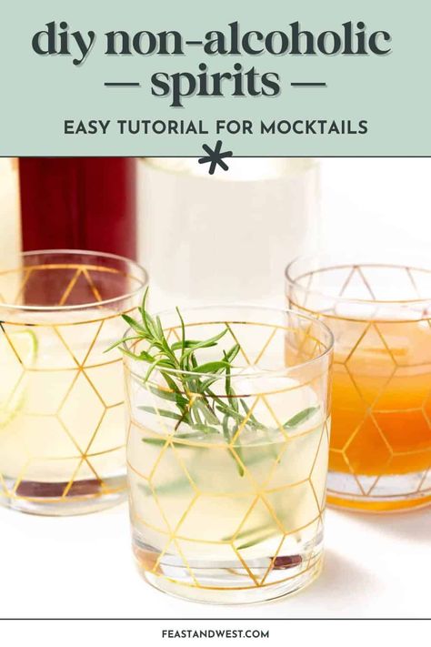 My top three Homemade Zero-Proof Spirits work to substitute gin, vodka, whiskey and tequila. They are easy to make and come together in about an hour. And they are just as good — if not fresher and better-tasting — as the store-bought brands. https://feastandwest.com/homemade-zero-proof-spirits/ Diy Non Alcoholic Spirits, Shrub Recipe, Mixology Recipes, Xmas Hampers, High Cholesterol Diet, Mystery Dinner Party, Ingredient Substitutions, Cholesterol Diet, Cocktail Ingredients