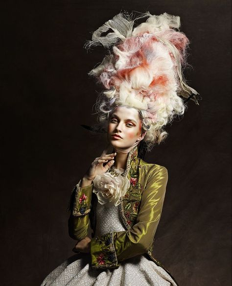 I feel like this would be an exciting look/photo shoot to be apart of. Love this look. Rococo inspired White Hair, Rococo, Naha, Rococo Fashion, Rococo Style, Look Vintage, 인물 사진, Marie Antoinette, Hair Art