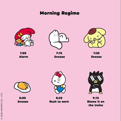 Hello Kitty on Instagram: “What’s your Monday morning regime ? 😂💤 Tag a friend who is always late below ⬇️😌#Sanrio #hellokitty #morningroutine #snooze #pompompurin…” Hello Kitty Morning Routine, Late Morning Routine, Monday Morning Routine, Always Late, Badtz Maru, My Melody, Monday Morning, Tag A Friend, Morning Routine