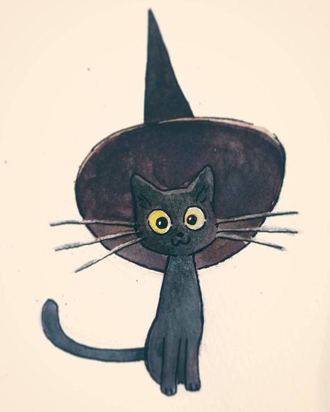 Cat With Witch Hat Drawing, Witch Hat Drawing, Cat With A Hat, Cat With Witch Hat, Kitty Tattoos, Donna Lee, Fall Drawings, Hello Kitty Tattoos, Cat Doodle