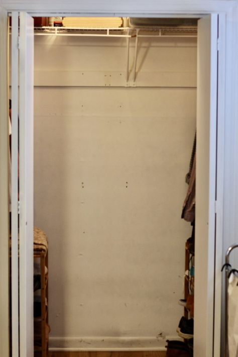 DIY Reach In to Walk In Closet, Kind Of - How She Styles Shallow Closet Design, Long Reach In Closet Ideas, Deep Reach In Closet, Extend Closet Space, Long Shallow Closet, Reach In Closet To Walk In, Wide Shallow Closet Ideas, Closet With Deep Sides, How To Widen Closet Door Opening