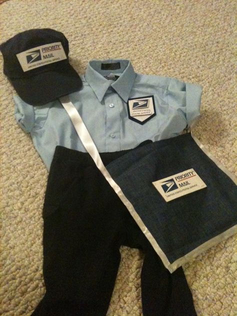 Halloween costume/dress up mail man outfit made from a priority mail box, scrap denim fabric & ribbon & added to a shirt, pants & hat. Mail Man Costume, Mail Man, Career Day, Couples Costume, Man Outfit, Halloween Costume Outfits, Family Costumes, Dress Halloween Costume, Fabric Ribbon