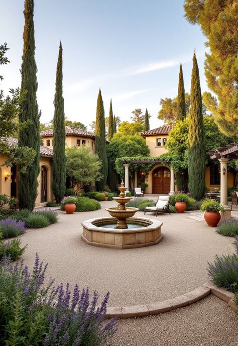 California Landscaping Spanish Style Landscape, Italian Landscaping, Mexican Fountain, California Outdoor Living, Olive Trees Landscape, Frontyard Landscape, California Landscaping, Mediterranean Courtyard, Patio Water Feature